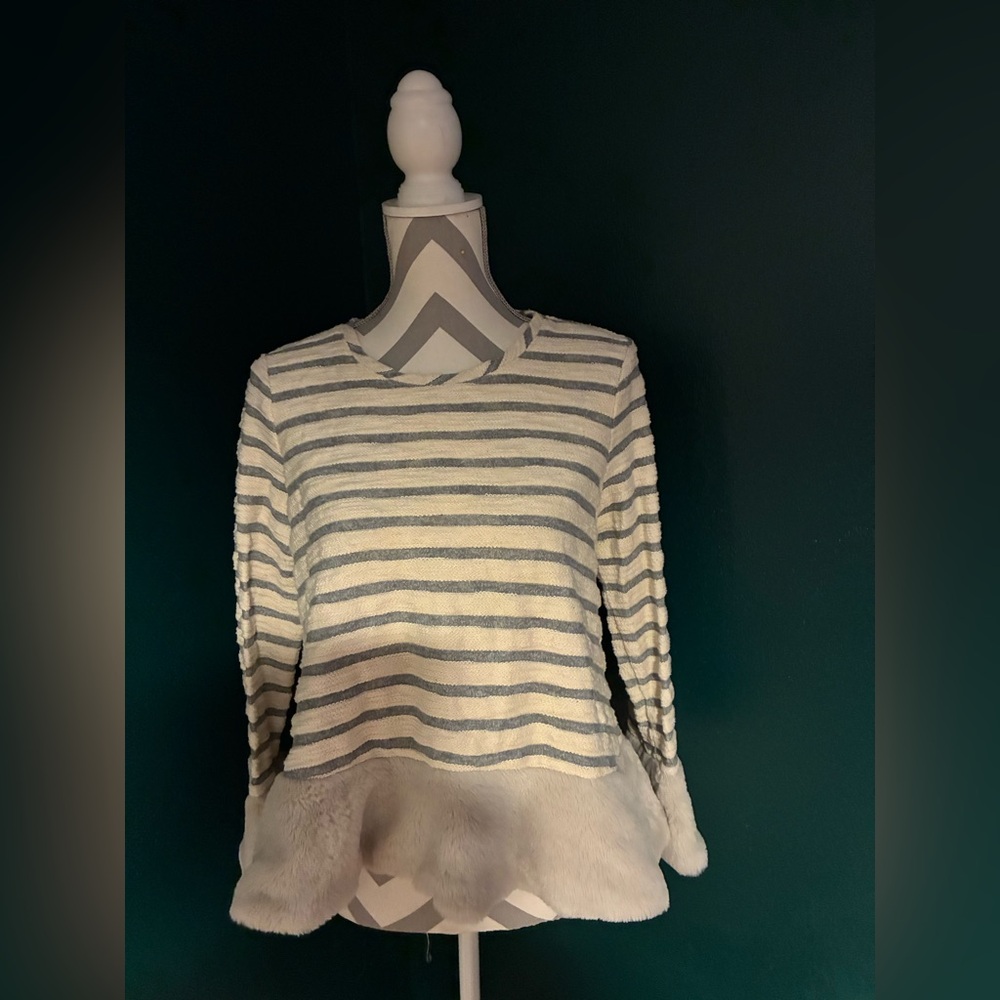 MAEVE Striped Sweater with Faux Fur Hem